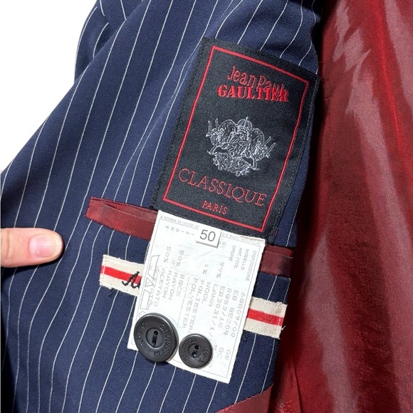 Jean Paul Gaultier Vintage 90s Navy Blue Pin-Striped Blazer with Red Lining - Picture 4 of 10